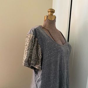 Glitter Sleeve Jersey T-shirt w pocket, asymmetric